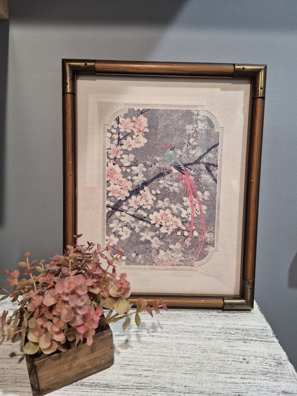 Vintage Chinese Watercolor Bird And Cherry Blossums Bamboo And Brass Frame